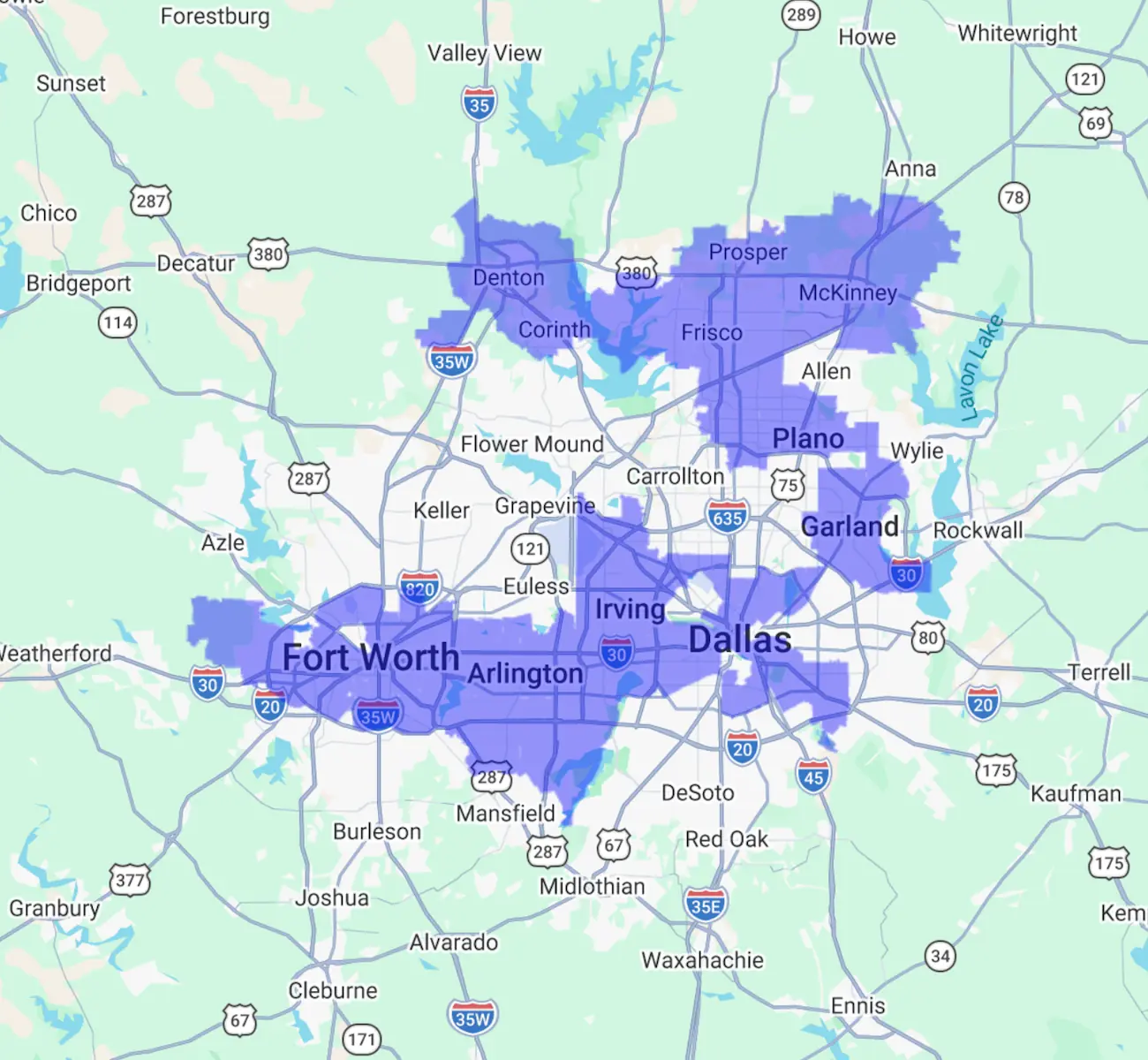Service area of Blue Oasis Fiberglass Pools: Dallas-Fort Worth